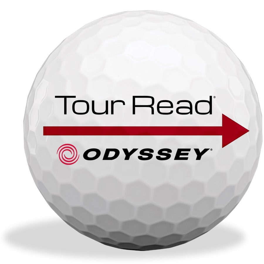 Golfboll märkt Tour Read och Odyssey på en green